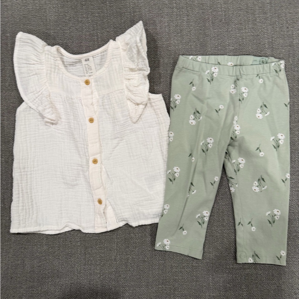 H&M Cream Ruffle Button Tank with Sage Floral Leggings